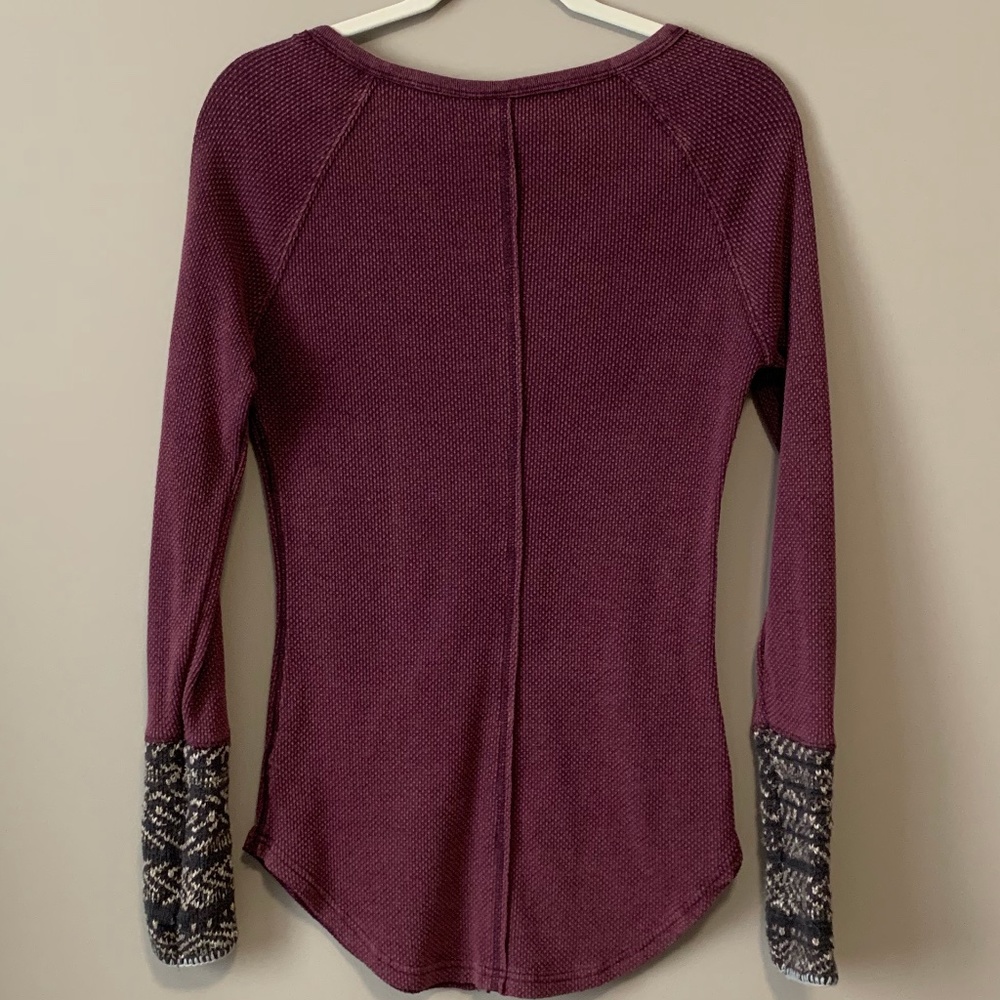Free People Maroon Henley Waffle Knit Top with Gray Marled Cuffs - Picture 6 of 6